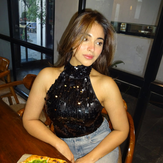 SARA SEQUIN HALTER TOP